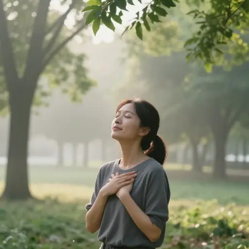 她深呼吸，感觉空气缓缓流入肺部。