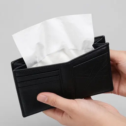 我买了一包纸巾放在钱包里。