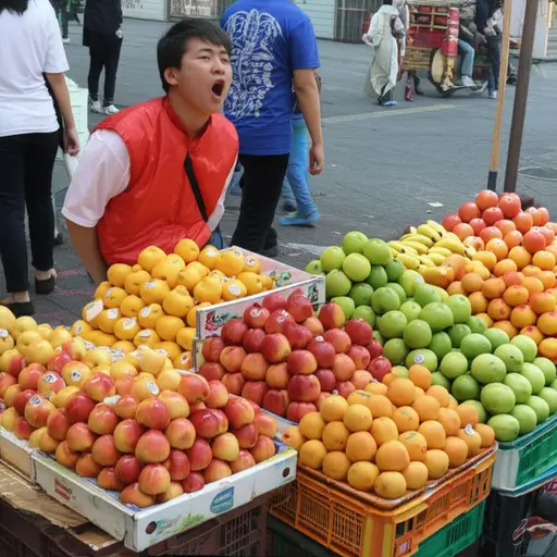 小贩大声吆喝着兜售新鲜的水果。