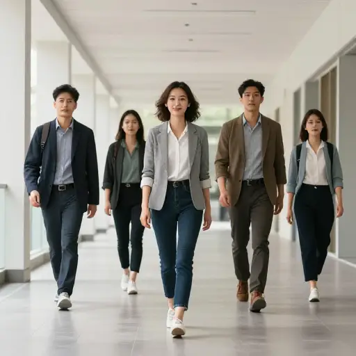 她带领他们沿着大厅走。