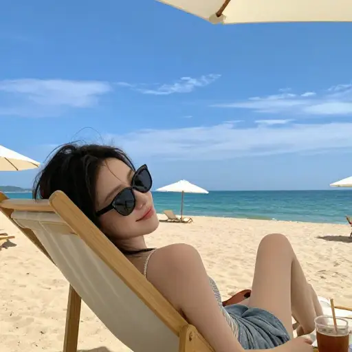 工作了一周后，她去海滩充电恢复精力。