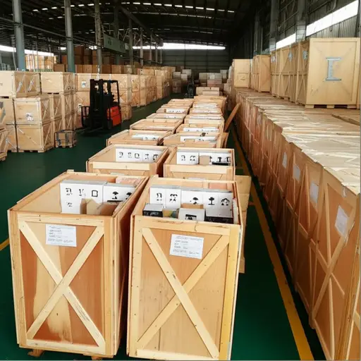 这些板条箱里装满了准备出口的电子产品。