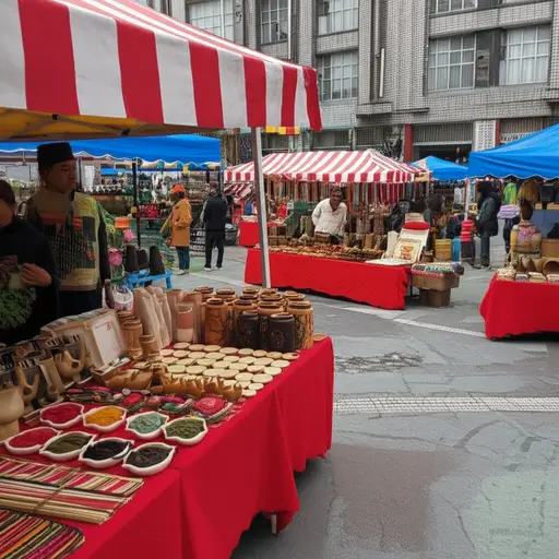 集市上有很多商人出售各种手工艺品。