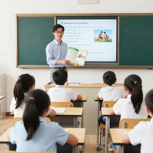那个戴眼镜的老师教我们英语。