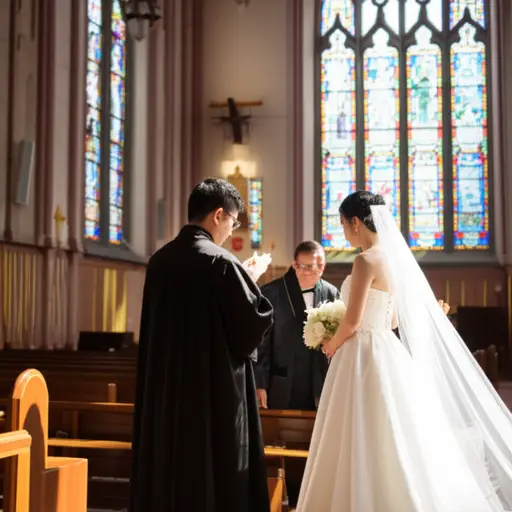 牧师祈求上帝的恩典降临在这对新婚夫妇身上。
