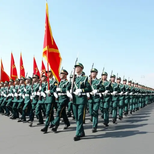 获胜的士兵们高举旗帜凯旋而归。