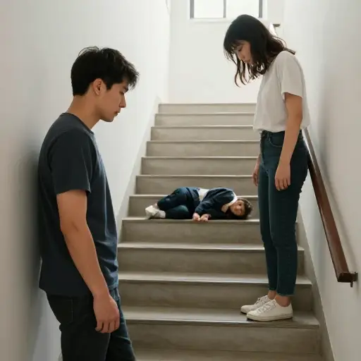 他因为让她从一段楼梯上摔下来而自责。