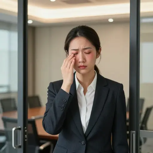 她在开会前一直在哭，所以眼睛还是红红的。