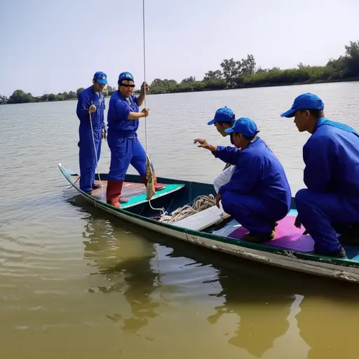 船员们正在用测深绳测量河流的深度。