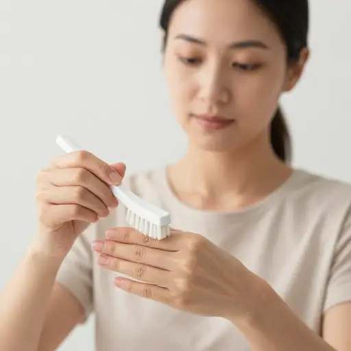 她用指甲刷用力擦洗双手。