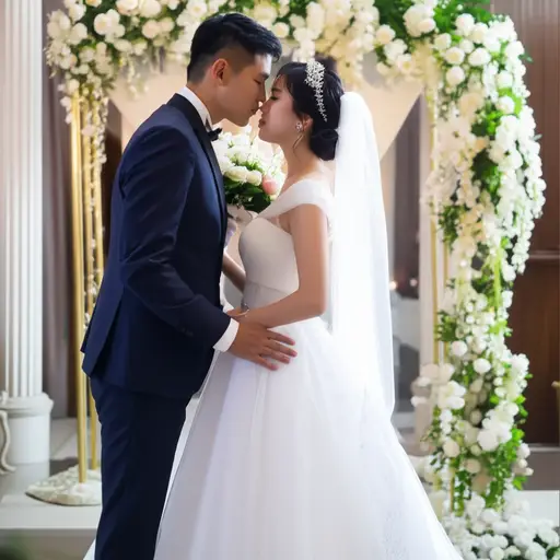 新郎在婚礼上激动地亲吻了他的新娘。