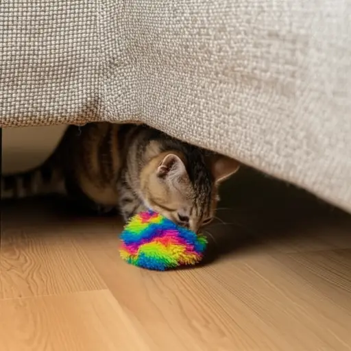 小猫把玩具藏在沙发底下。