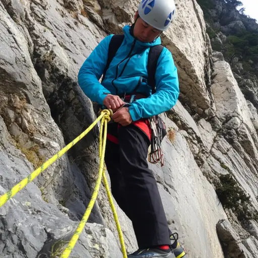 登山前，他仔细地用安全带把自己固定在绳索上。