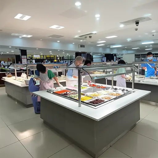 医院的食堂提供自助餐，病人们可以自己取食物。