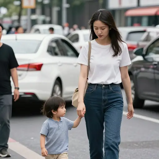她轻柔地把孩子拉过繁忙的街道。