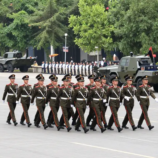 在军事阅兵中，卫兵们步调一致地行进。