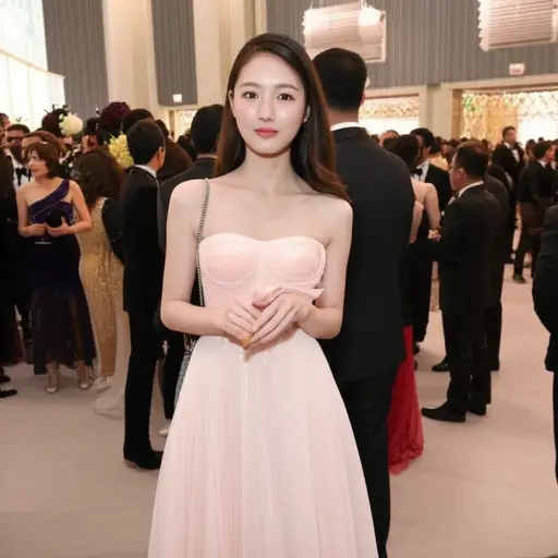 她穿了一件淡粉色的连衣裙参加晚宴。