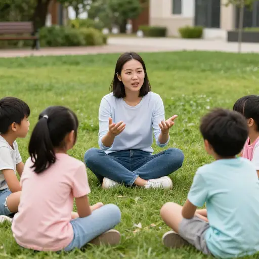 她把孩子们聚集在一起，开始给他们讲故事。