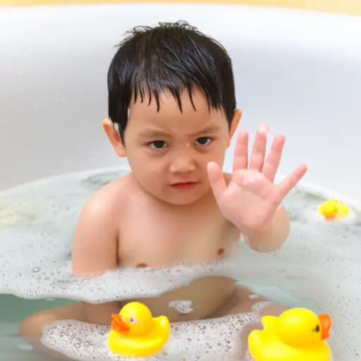 小男孩洗澡时指着说‘别碰我的小鸡鸡’。