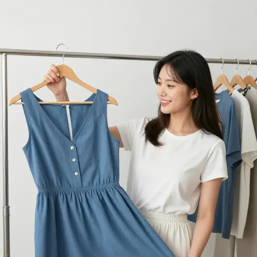 她决定选蓝色的裙子。