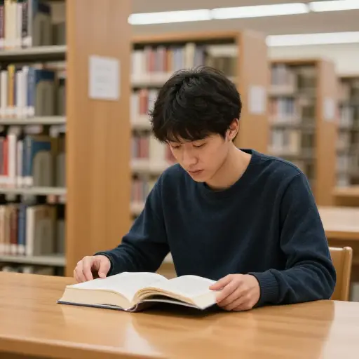 他正在图书馆看书。