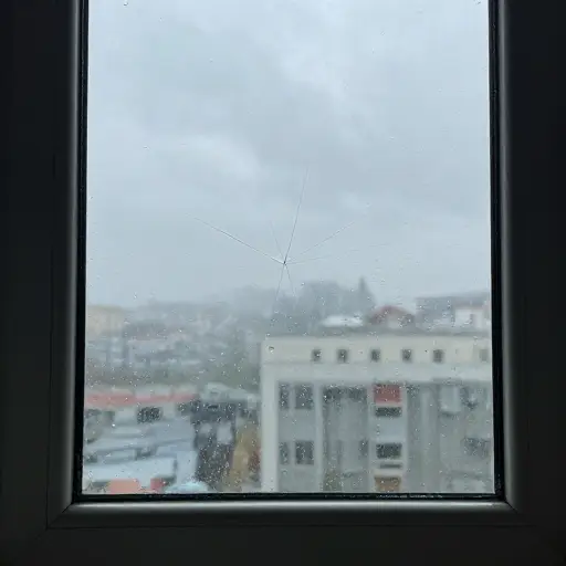 暴风雨后，窗户上出现了一条小裂缝。