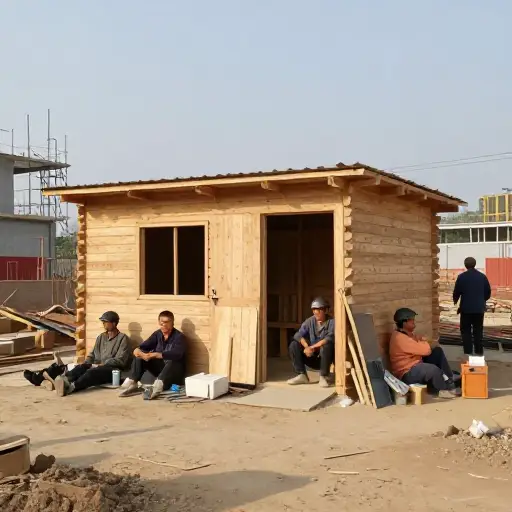 工人们在工地旁边搭了一个简陋的小屋休息。