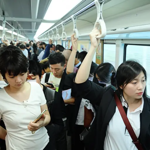 火车车厢里挤满了通勤的人。