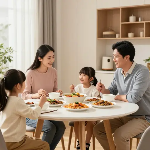 我们一家人围坐在餐桌旁吃饭。