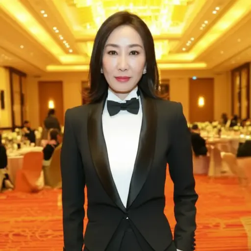 她在晚宴上穿了一件黑色女式燕尾服，既优雅又帅气。