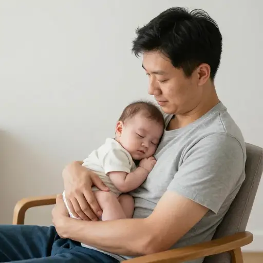 他轻轻摇晃婴儿入睡。