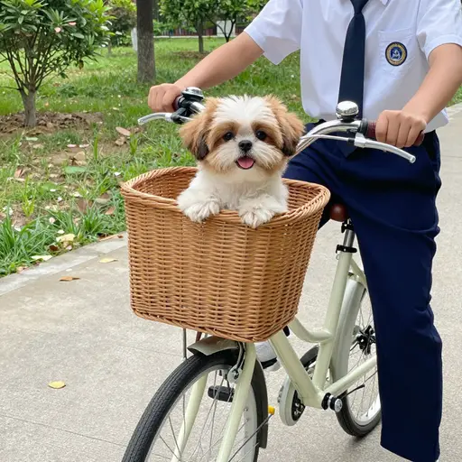 Max坐在自行车前面的篮子里。
