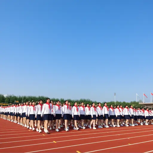 学生们排着整齐的队伍在操场上行进。