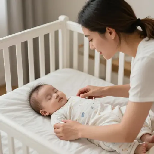 她小心翼翼地把熟睡的婴儿放在婴儿床里。