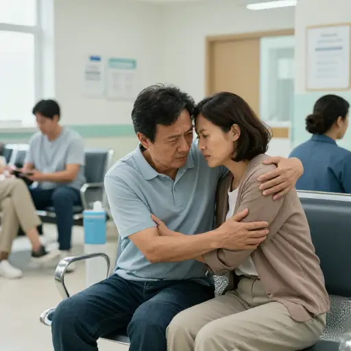 在候诊室里，这对夫妇紧张地互相拥抱坐着。