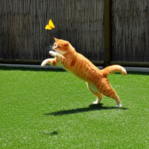 那只猫在院子里追着一只蝴蝶跑。