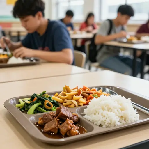 学校食堂提供包含蛋白质、蔬菜和谷物的均衡膳食。