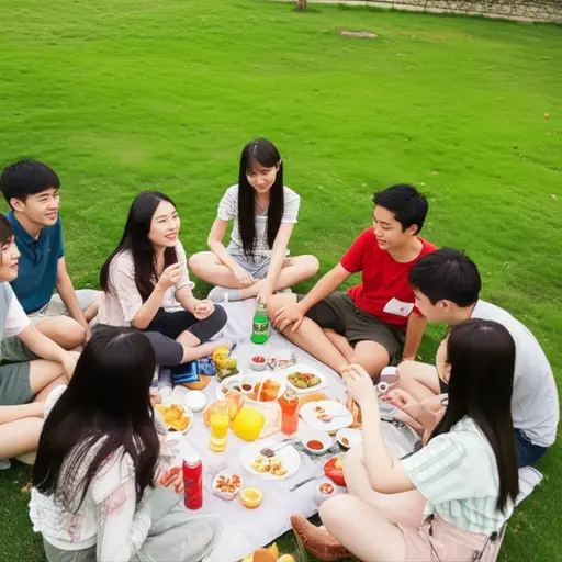 朋友们都聚集在公园里野餐。