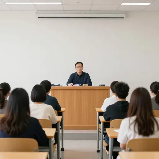 教授坐在教室前面。