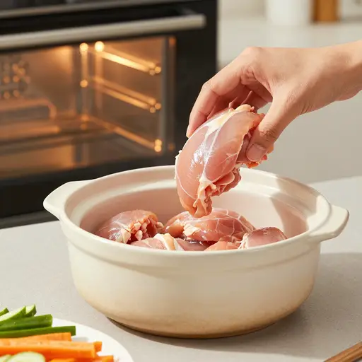 预热烤箱，将鸡肉放入砂锅中。