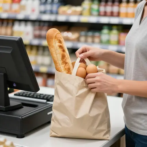 装袋的时候小心别把食品杂货压坏了。