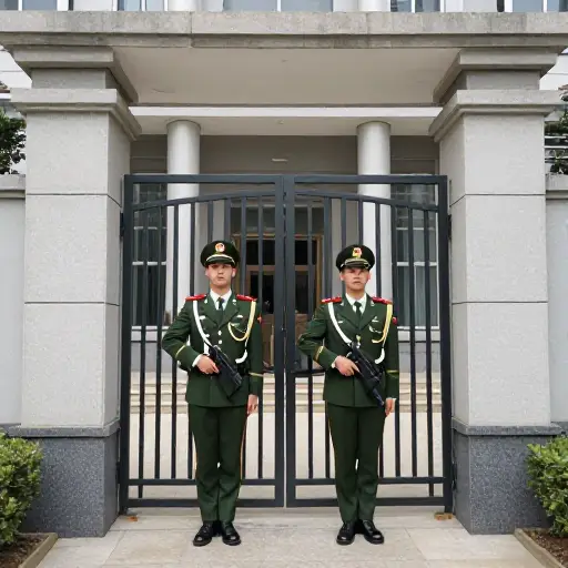 士兵守卫大使馆的主要大门。