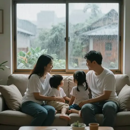 外面在下雨，所以我们待在家里吧。