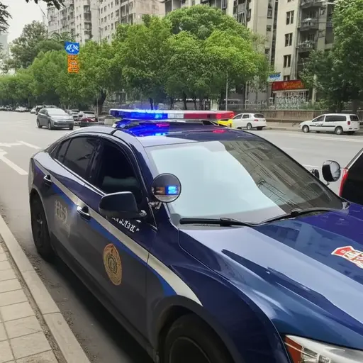 我们看见一辆警车闪着灯停在路边。