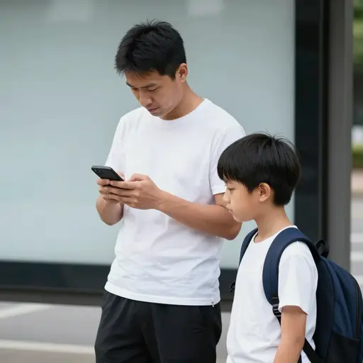 爸爸在手机上查到了公交车时间。