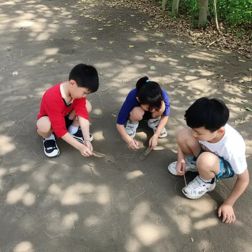 孩子们用树枝在地上画画。