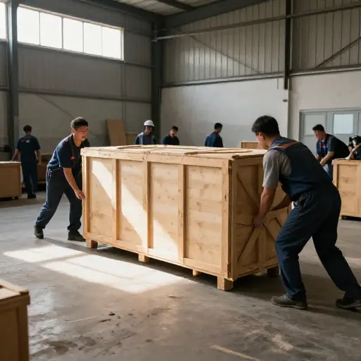 工人们将大板条箱缓慢而费力地拖过仓库地板。