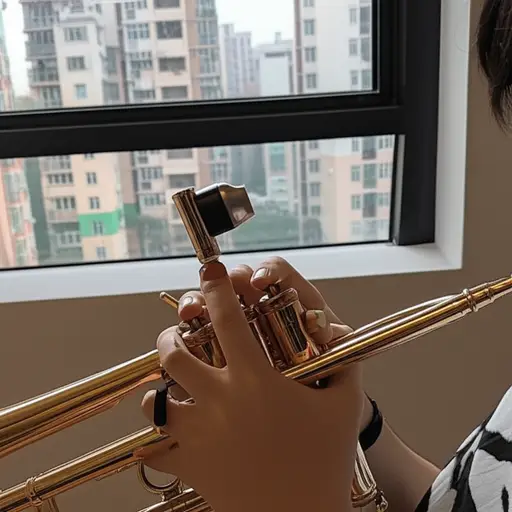 小号手在练习时使用了弱音器，以免打扰邻居。