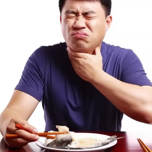 他吃得太快，差点被鱼刺噎住。