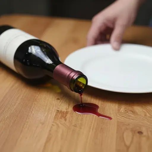 我在伸手够盘子时碰倒了一瓶葡萄酒。